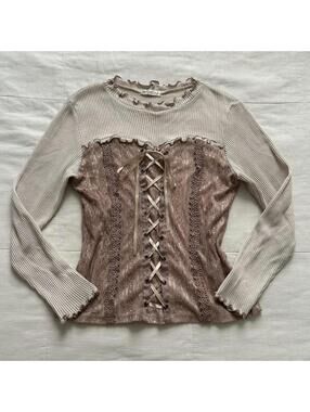 Axes Femme mauve pink lace corset look prestyle top cream long sleeve underneath